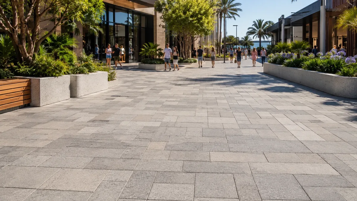 Antalya AVM açık alan zemininde geniş format parke taşı — Hastaş Beton
