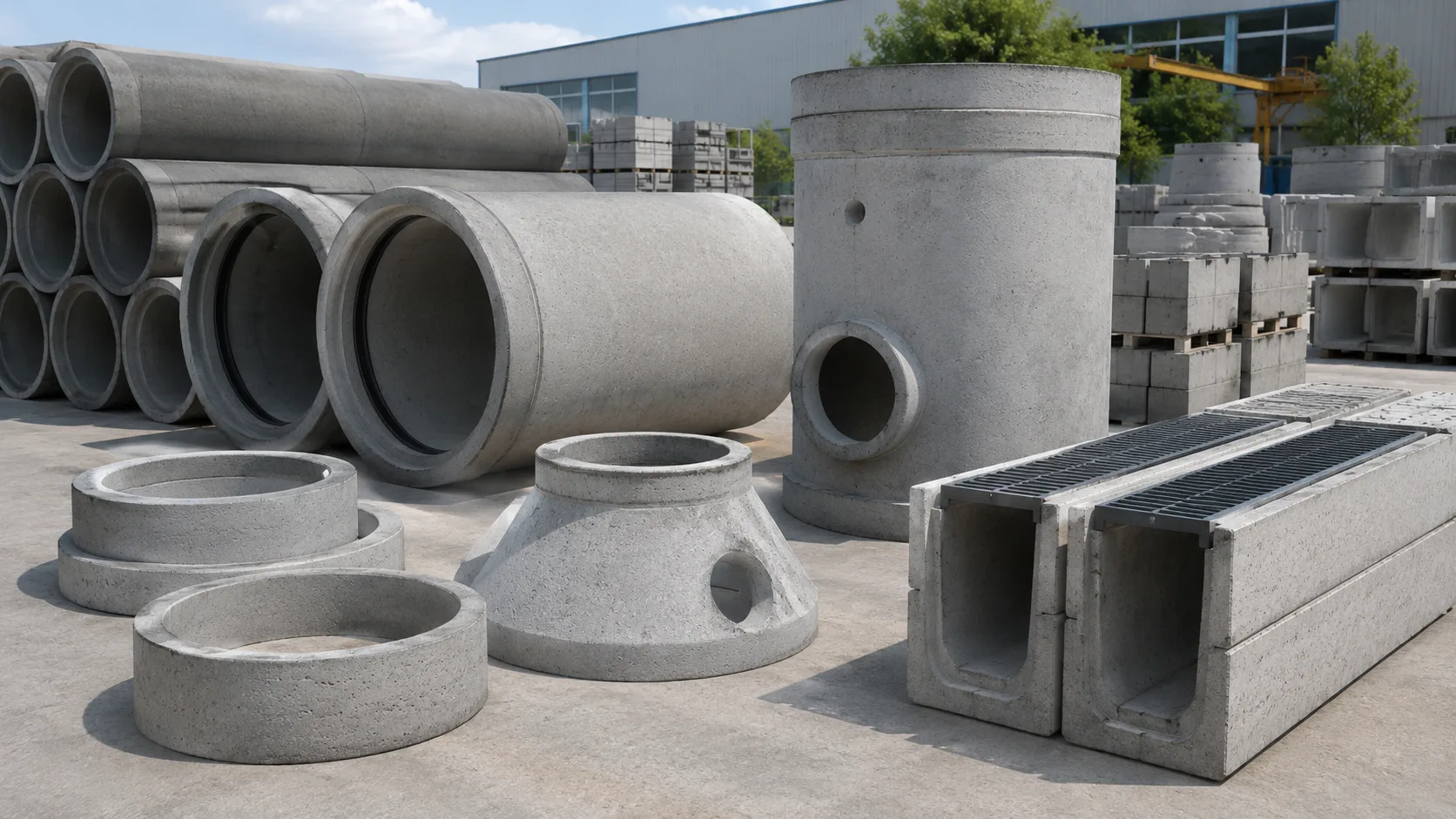 Fabrika stok sahasında düzenli şekilde sergilenen beton boru, yağmur suyu borusu, parsel baca, baca bileziği ve beton yağmur oluğu ürünleri.