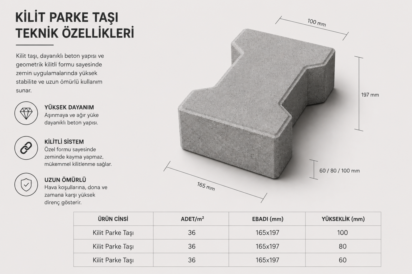 Kilit taşı ebatları ve teknik özellikleri — 6 cm ve 8 cm kalınlık seçenekleri