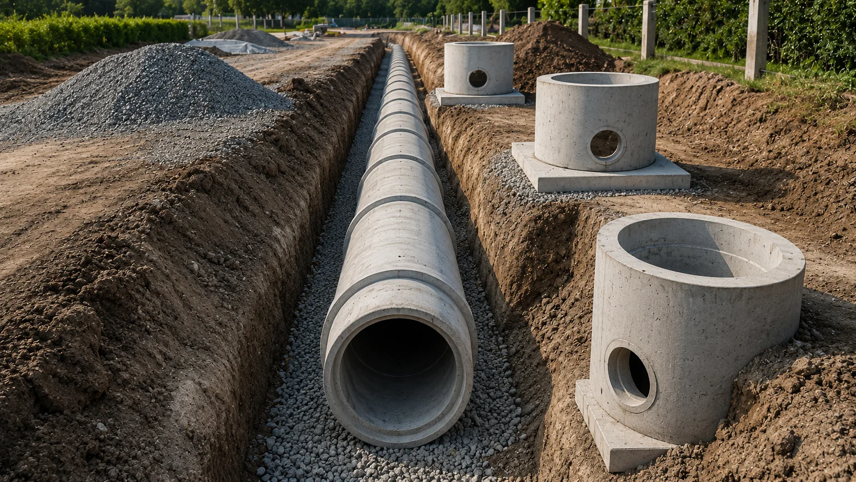 Kazılmış kanal içine yerleştirilmiş beton borular ve yanında beton parsel baca elemanları bulunan düzenli altyapı şantiyesi.