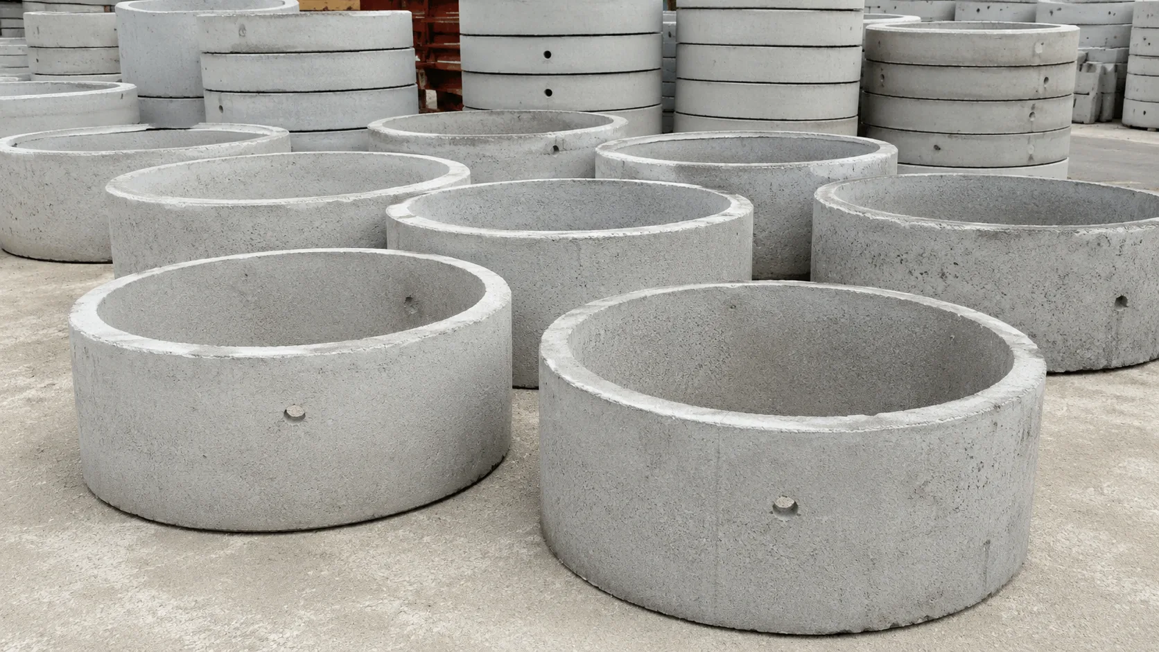 Temiz bir fabrika stok alanında üst üste ve yan yana düzenli şekilde yerleştirilmiş gri beton baca bileziklerinin fotogerçekçi ürün görseli.
