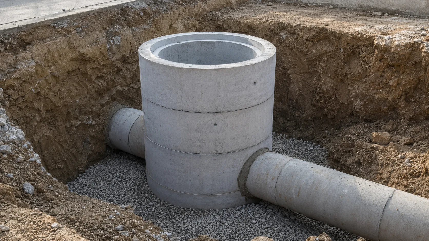 Kazılmış altyapı alanında üst üste yerleştirilerek muayene bacası oluşturulan beton baca bilezikleri ve bağlantılı beton boru detayları.