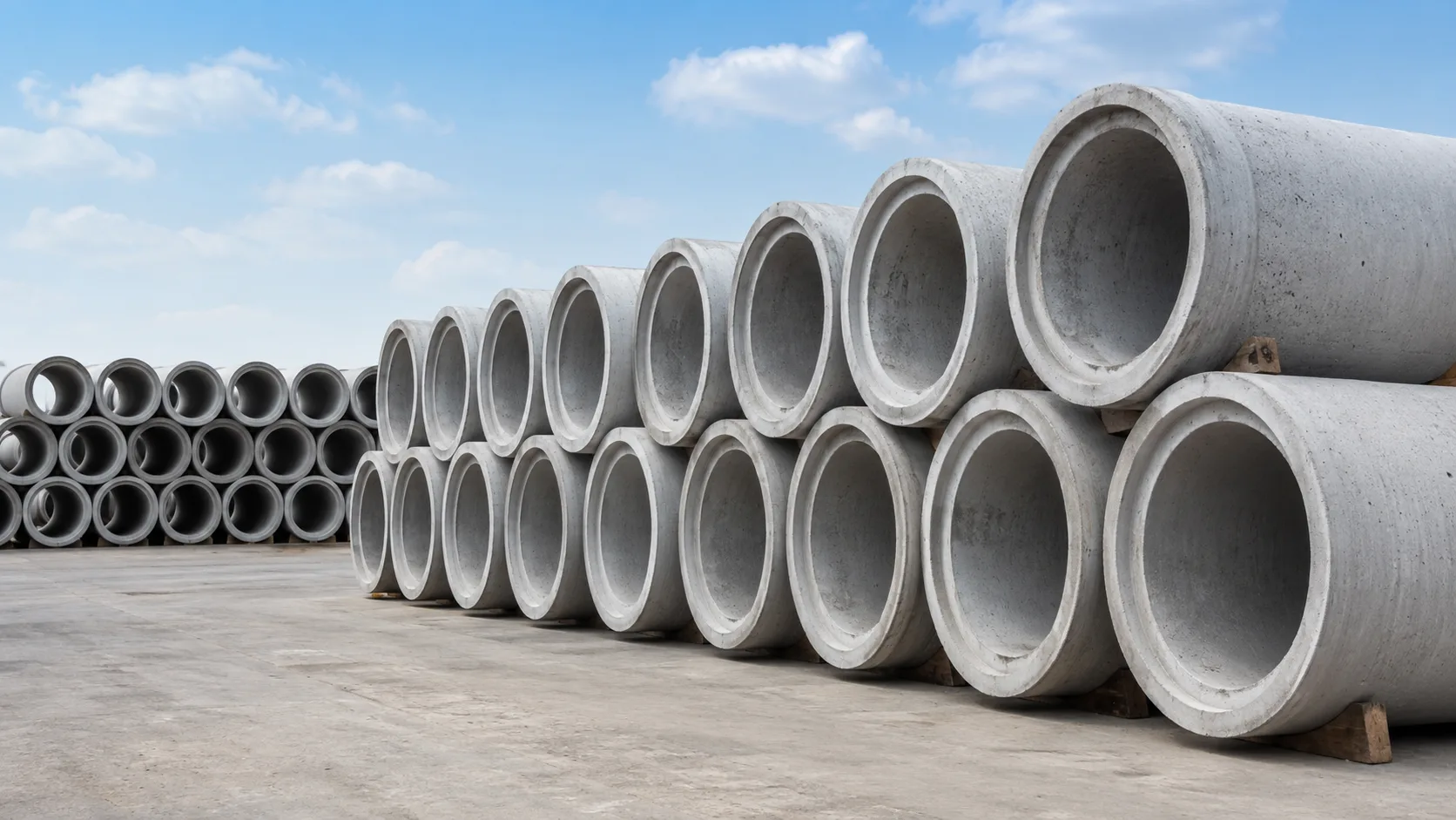 Temiz bir fabrika stok alanında düzenli şekilde istiflenmiş, büyük çaplı gri beton altyapı borularının dairesel ağızlarını gösteren gerçekçi ürün görseli.