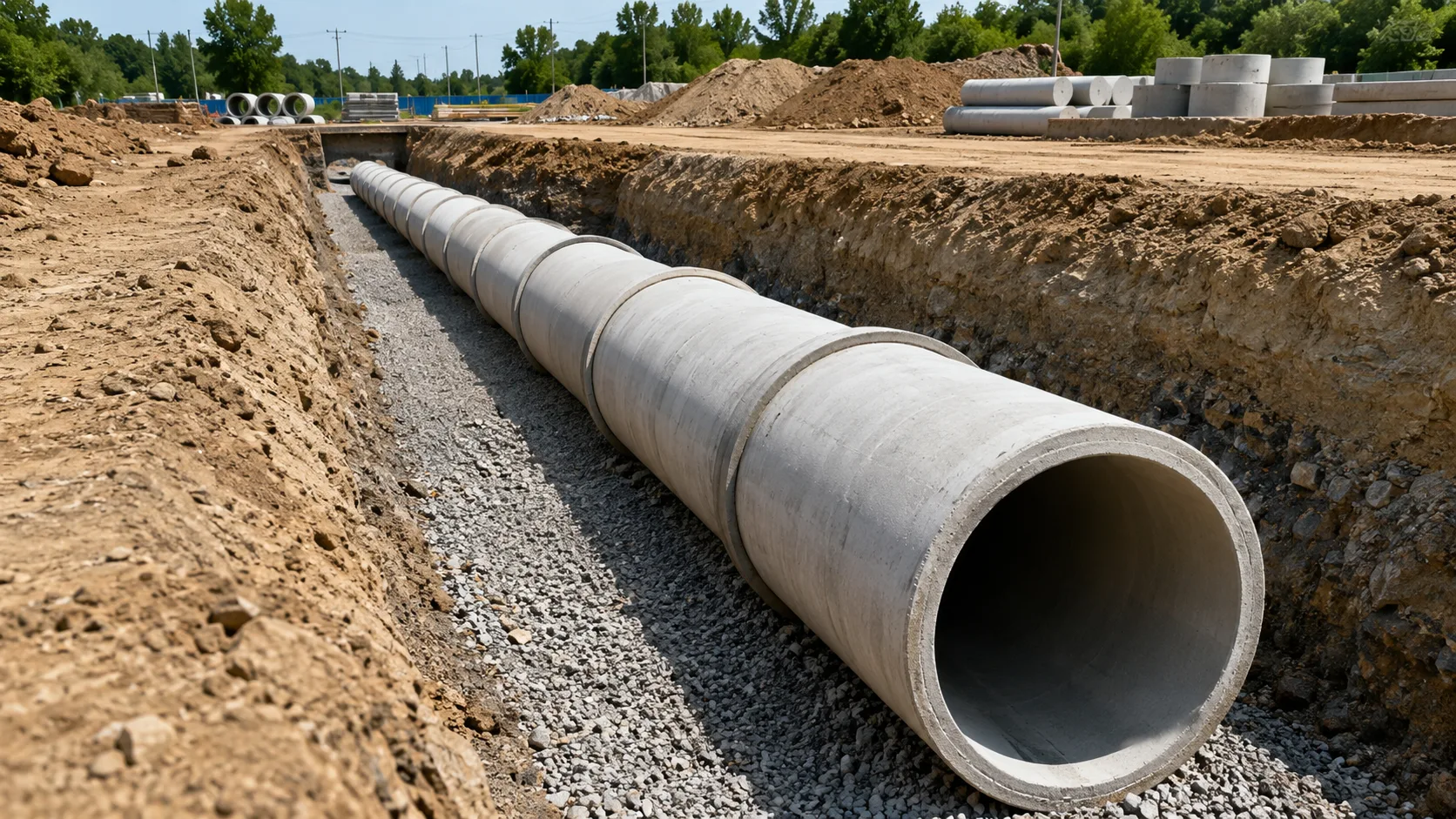 Kazılmış kanal içinde mıcır yatak üzerine hizalı şekilde yerleştirilmiş büyük çaplı gri beton altyapı borularının fotogerçekçi şantiye uygulama görseli.
