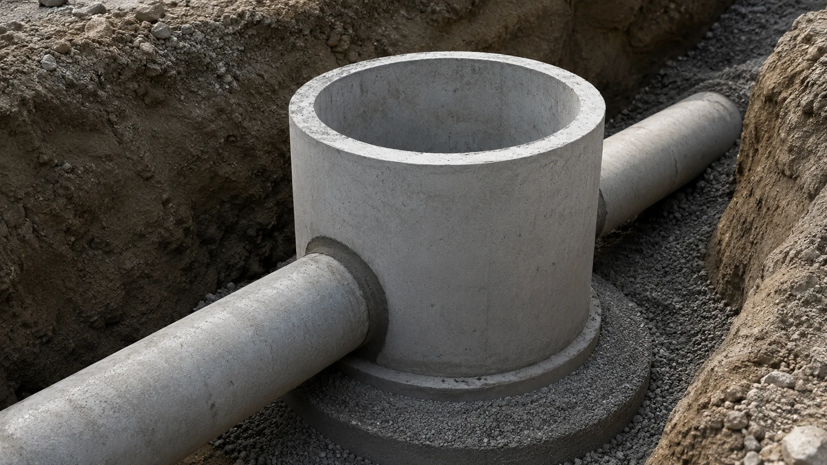 Kazılmış altyapı kanalında mıcır yatak üzerine yerleştirilen, beton borularla bağlantılı silindirik beton parsel baca uygulaması.