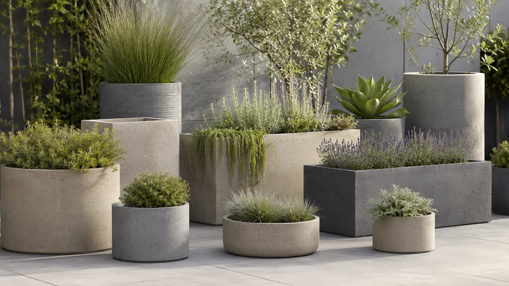Farklı boyutlarda gri ve bej beton saksıların süs çimleri, küçük çalılar ve Akdeniz bitkileriyle birlikte sergilendiği modern dış mekân alanı.