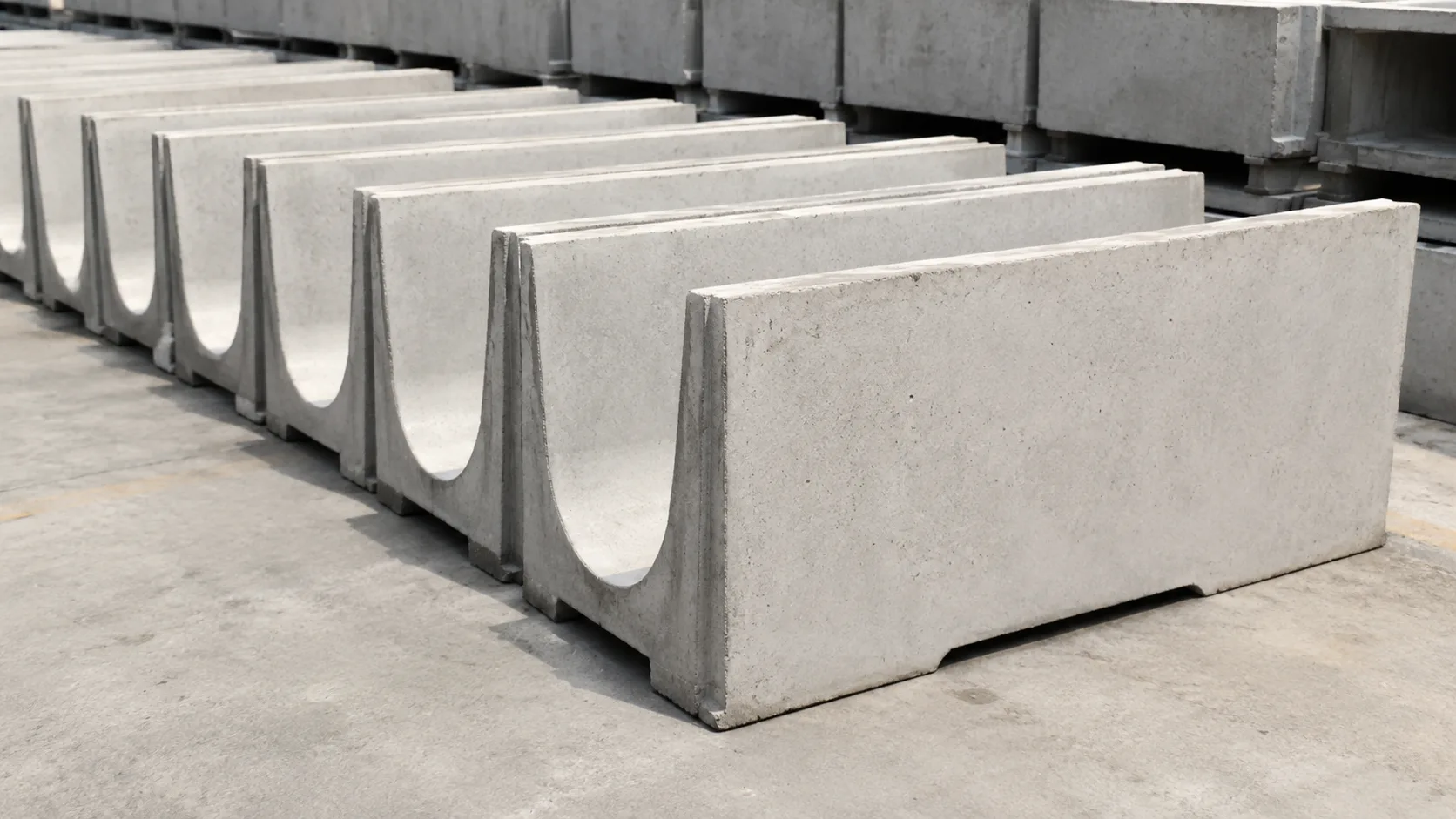 Temiz bir stok alanında düzenli sıra halinde sergilenen U kanallı gri beton yağmur oluğu elemanlarının fotogerçekçi ürün görseli.