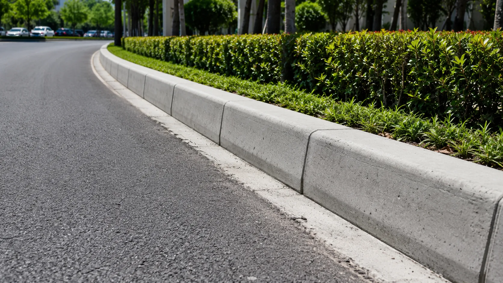 Asfalt yol kenarında düzgün hizalanmış beton karayolu bordür taşlarının, yolu peyzaj ve kaldırım alanından ayırdığı fotogerçekçi uygulama görseli.