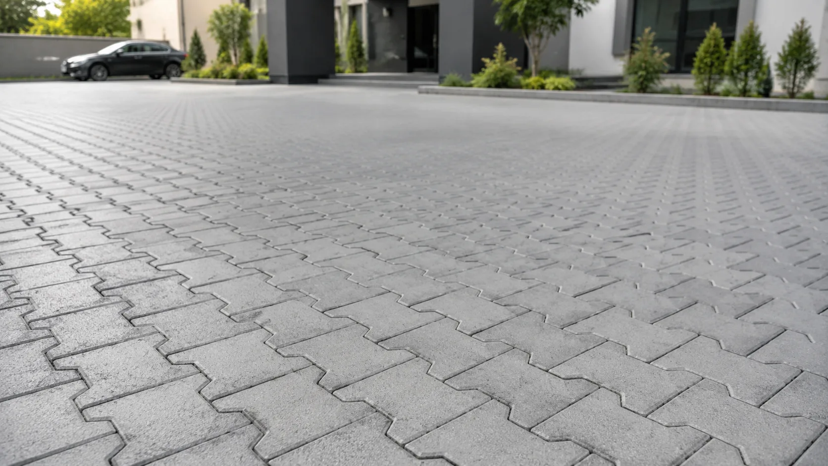 Modern apartman veya villa otoparkında gri beton kilit taşı zeminin net şekilde görüldüğü dış mekân uygulama görseli.