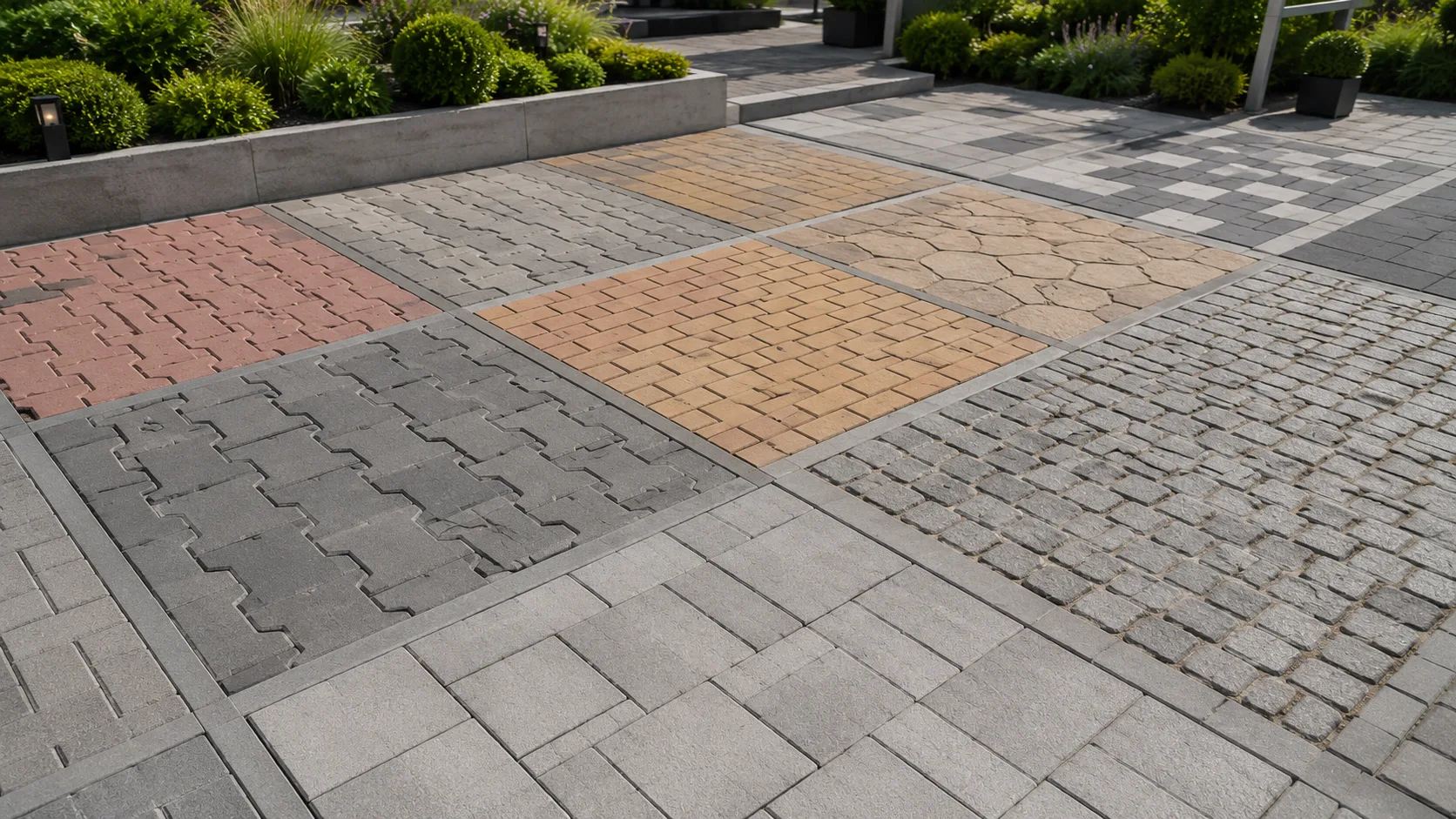 Dış mekanda sergilenen gri, kırmızı ve sarı tonlarda farklı beton parke taşı çeşitleri.