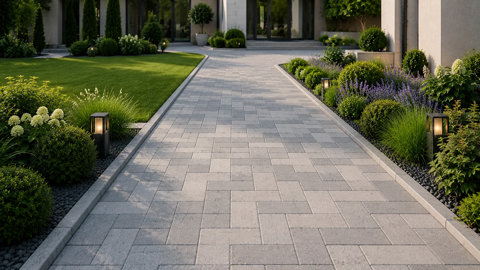 Modern villa bahçesinde beton parke taşlarıyla yapılmış düzenli yürüyüş yolu.