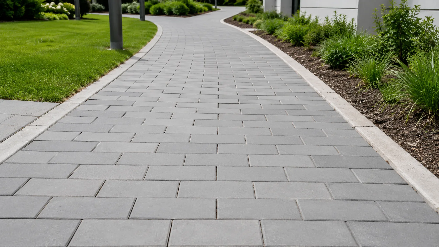 Standart beton parke taşlarıyla döşenmiş yaya yolunun, bordür, çim ve sade peyzaj alanıyla birlikte gösterildiği dış mekân görseli.